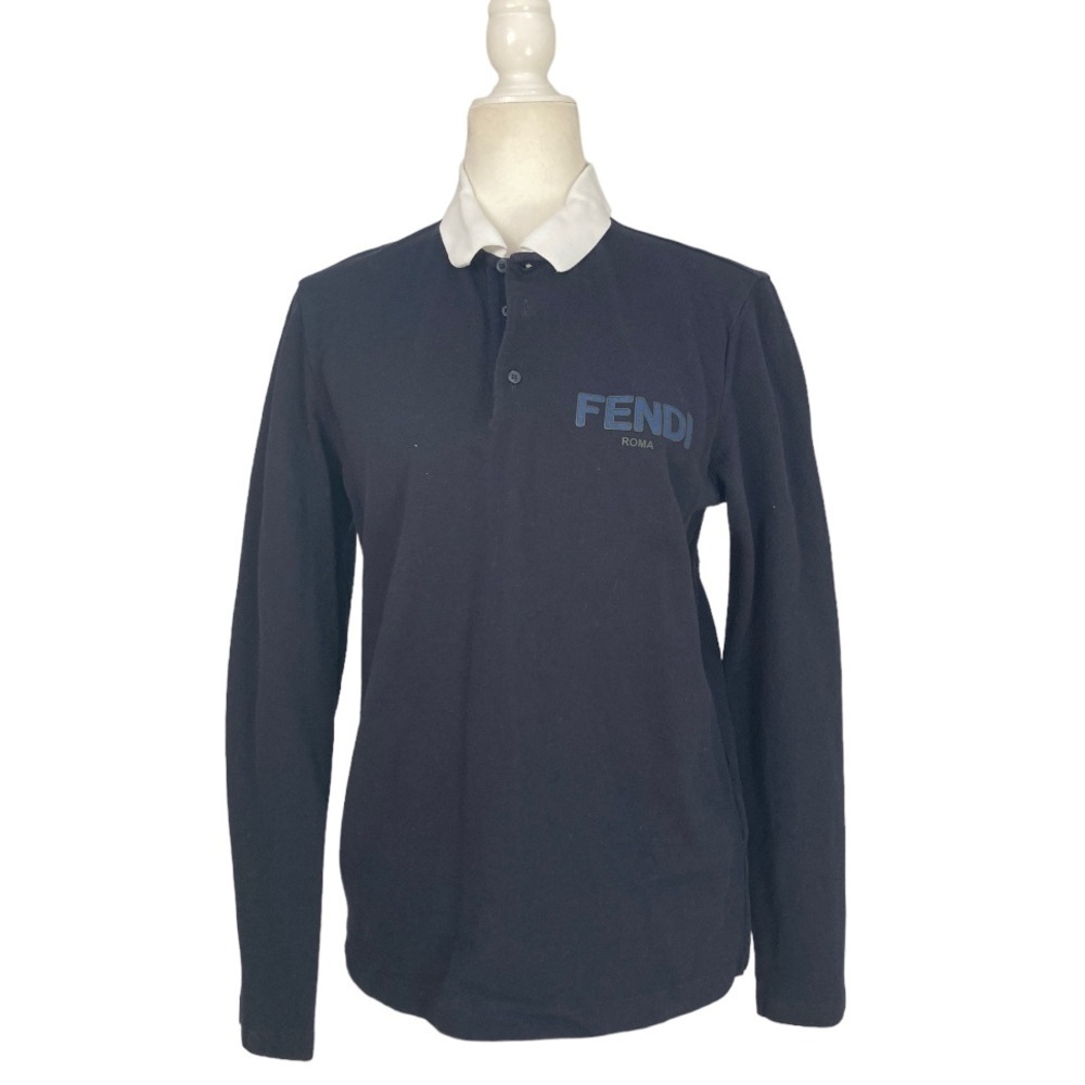 Fendi Long Sleeve Cotton Polo Shirt Blue contrast White Collar Fendi Logo - Picture 2 of 13